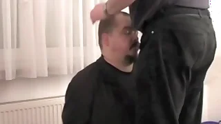 Blowjob and cum facial, altogether clothed and handcuffed